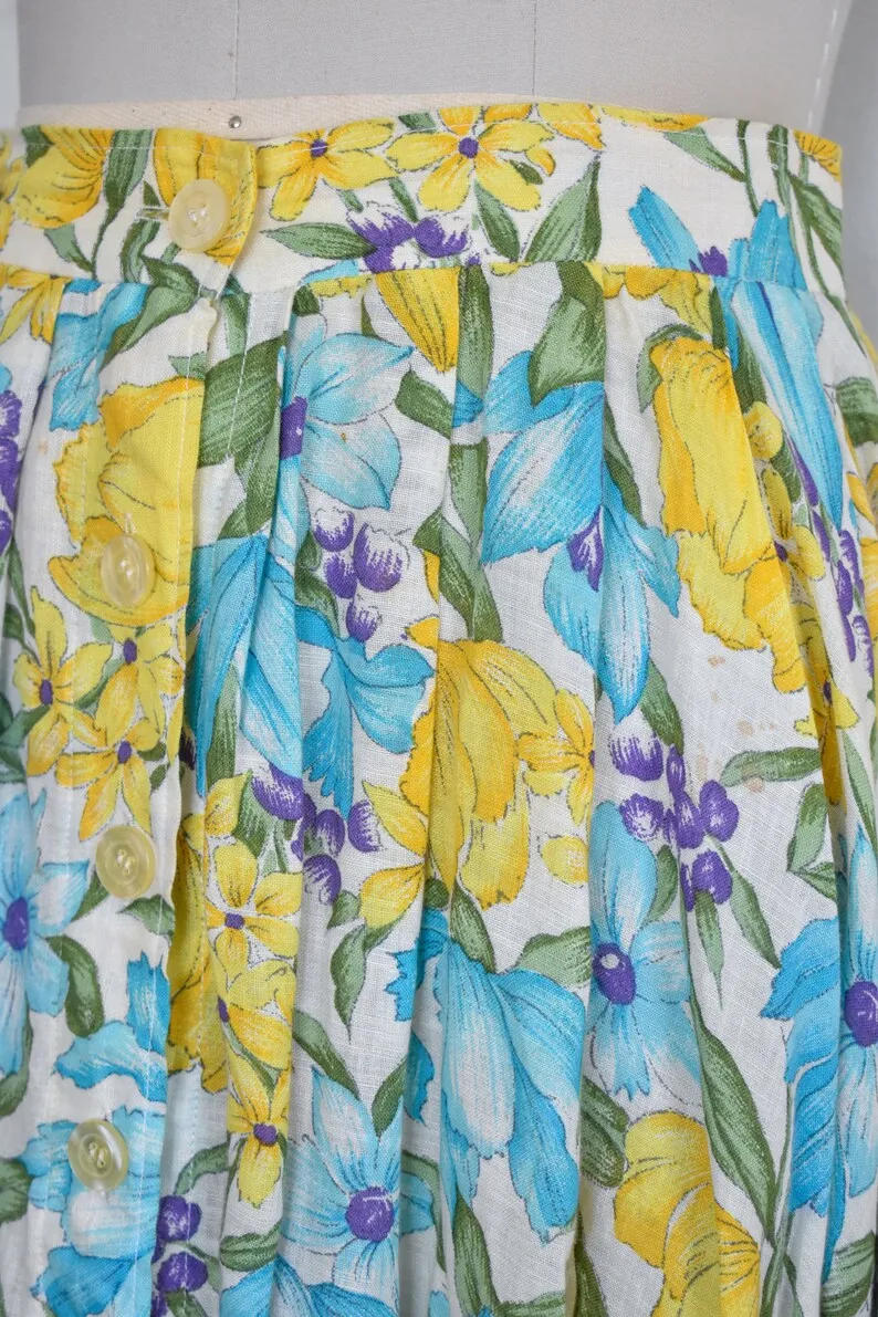 1950s/60s J. Tiktiner Blue and Yellow Floral Button Front Skirt, 27" Waist