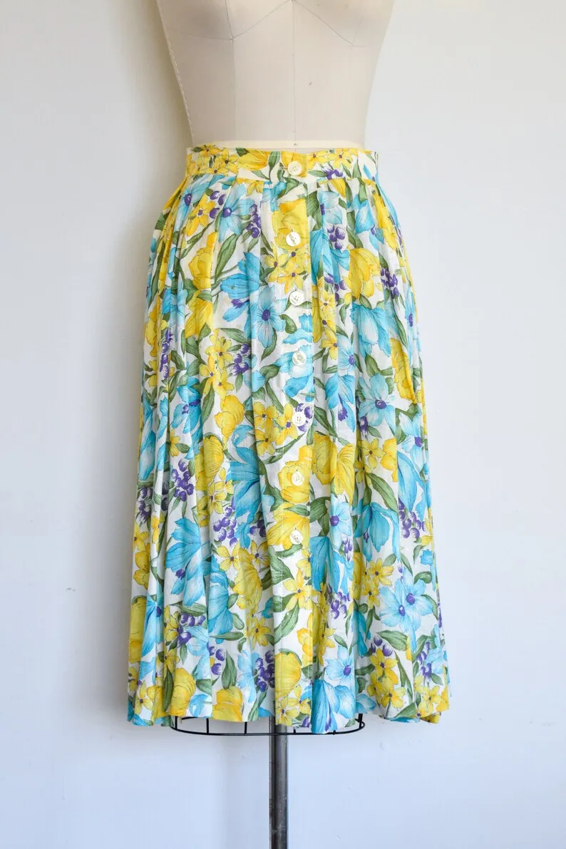 1950s/60s J. Tiktiner Blue and Yellow Floral Button Front Skirt, 27" Waist