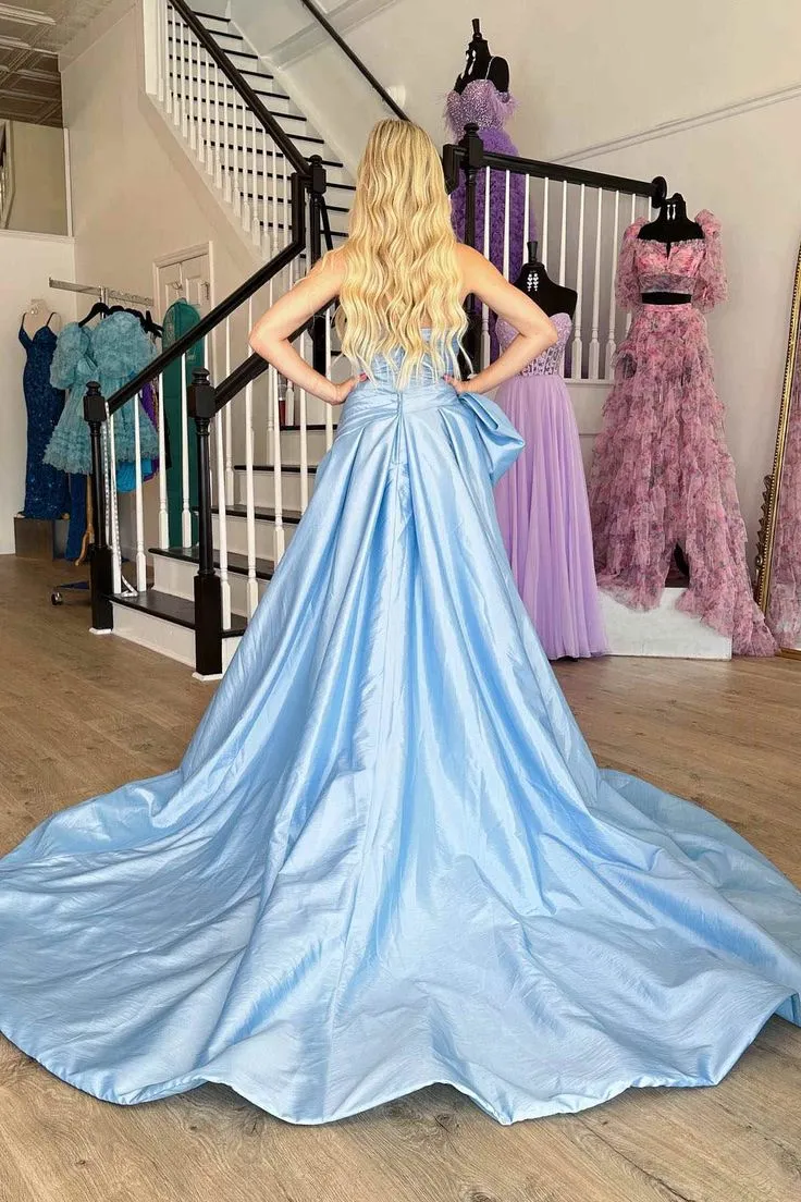 A-Line Strapless Light Blue Satin Long Prom Dress with Bow,DP0230