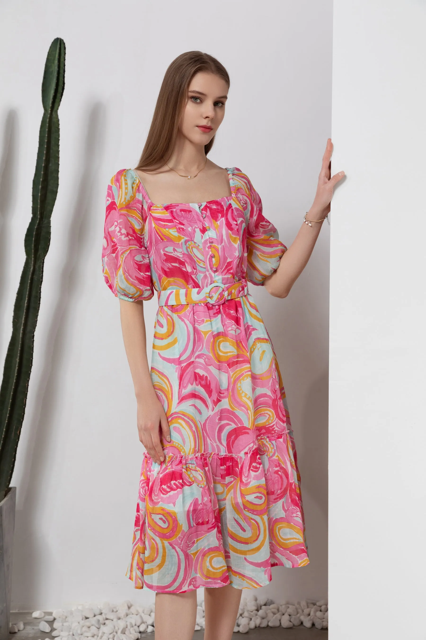 Anastasia Midi Linen Dress - Pink/Multi - GDS