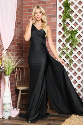 AURORA One Shoulder Maxi Evening Dress with Side Train - Black