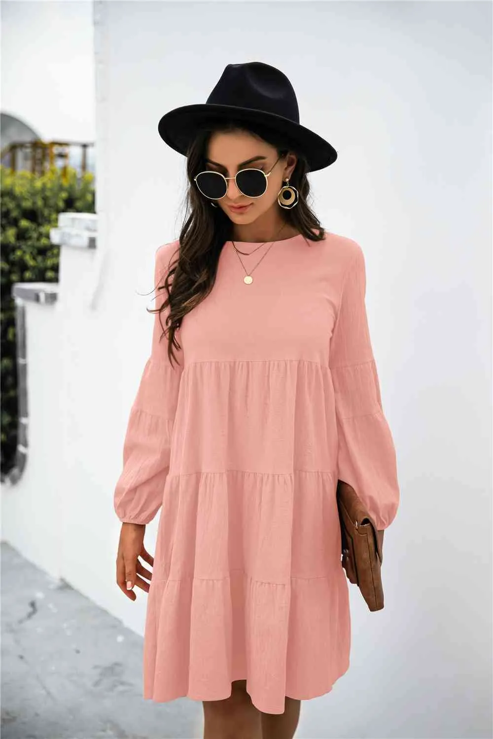 Balloon Sleeve Keyhole Tiered Dress