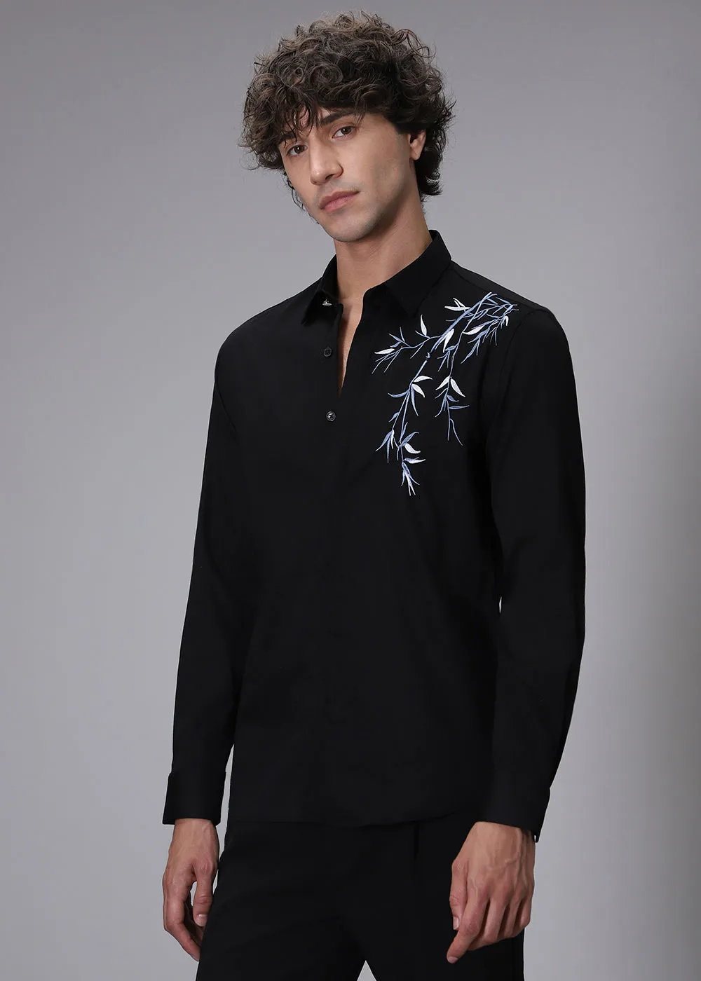 Bamboo Embroidery Black Designer Shirt