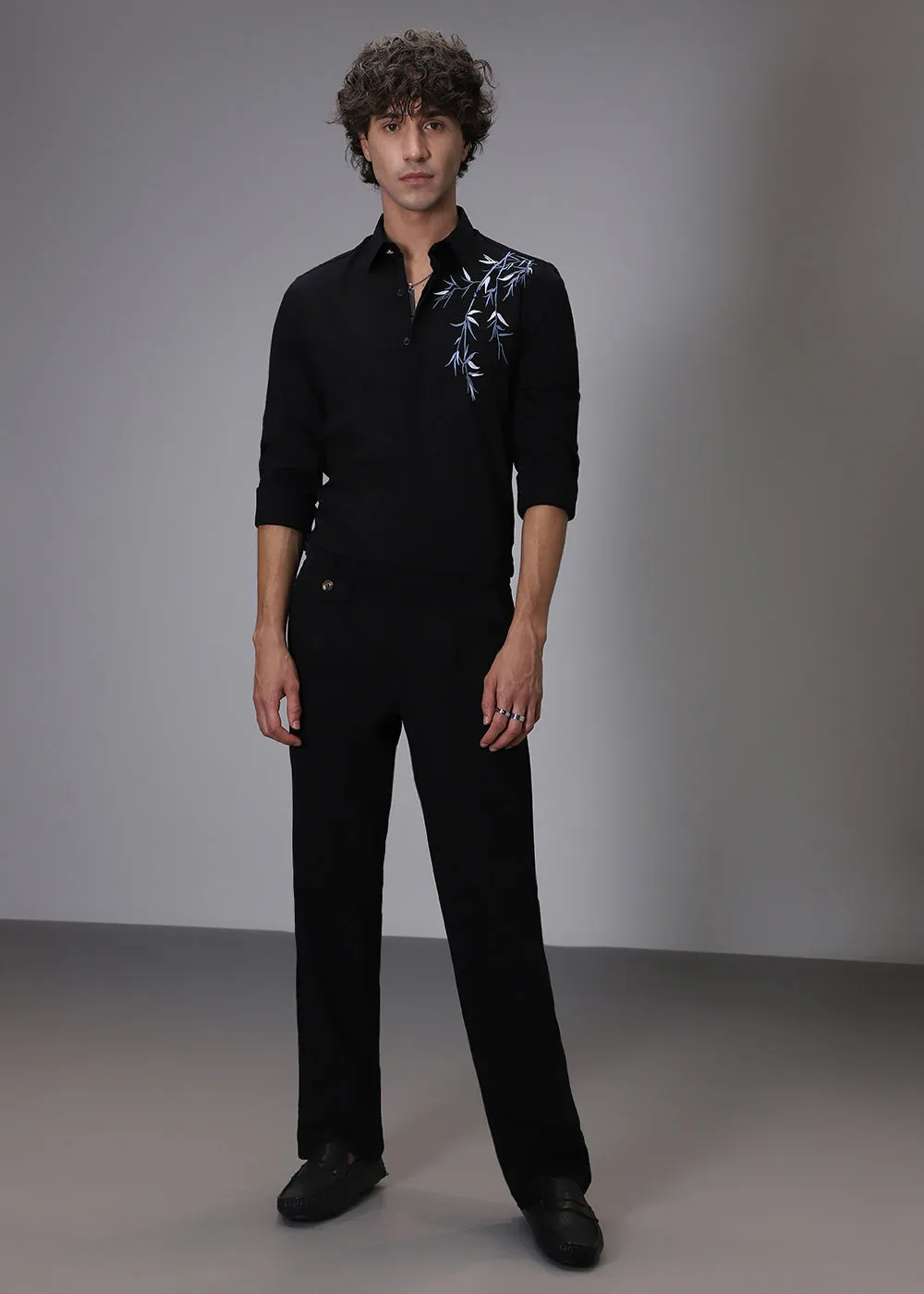 Bamboo Embroidery Black Designer Shirt