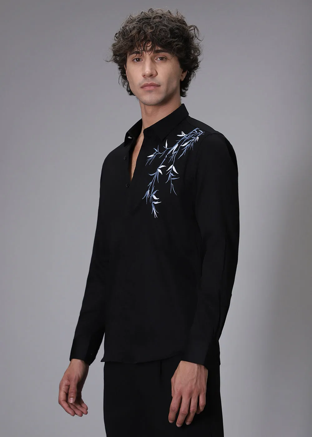 Bamboo Embroidery Black Designer Shirt