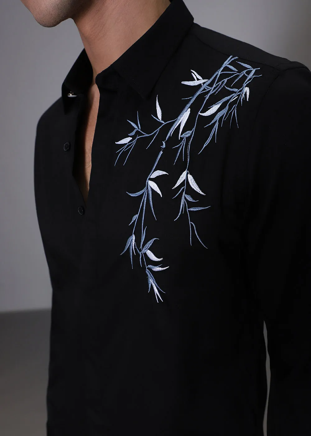 Bamboo Embroidery Black Designer Shirt