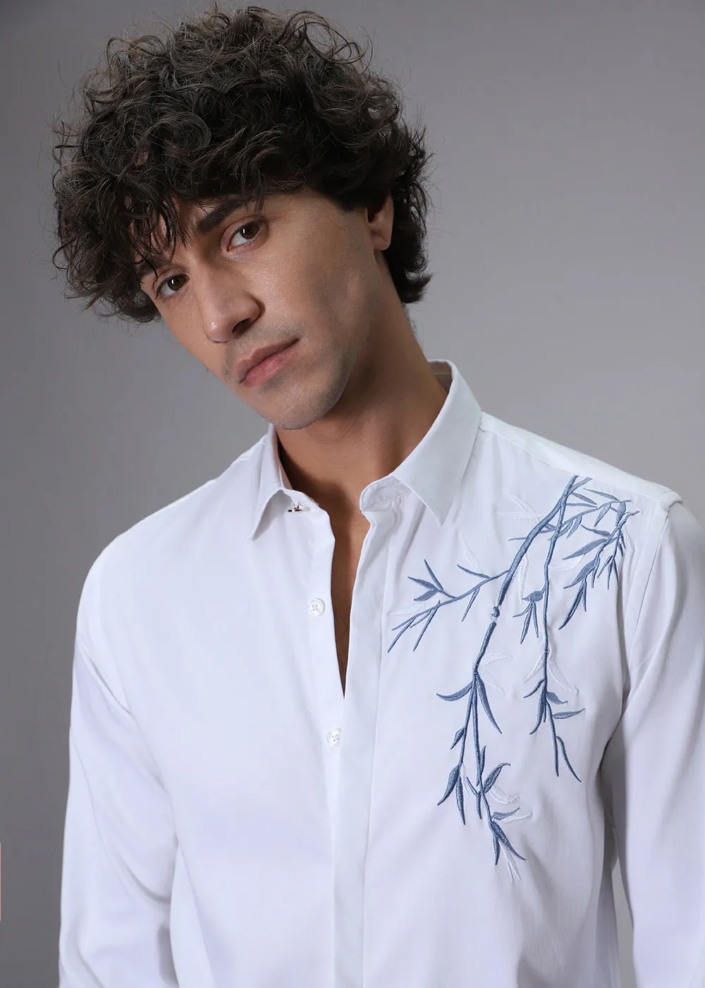 Bamboo Embroidery White Designer Shirt