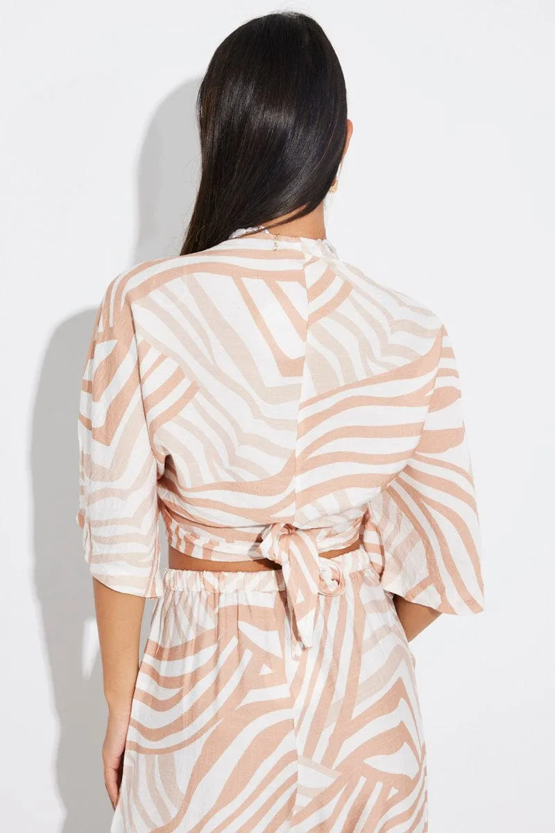 Beige Abstract Tie Up Bolero Short Sleeve