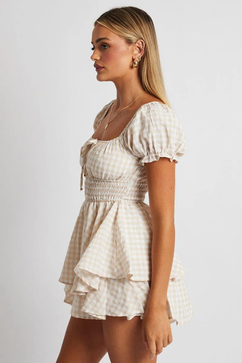 Beige Check Ruffle Playsuit Short Sleeve Ruched Bust