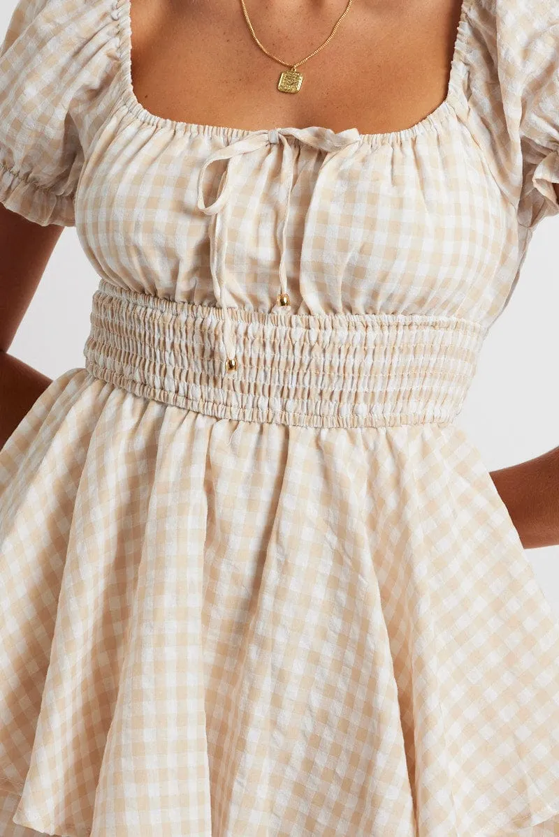 Beige Check Ruffle Playsuit Short Sleeve Ruched Bust