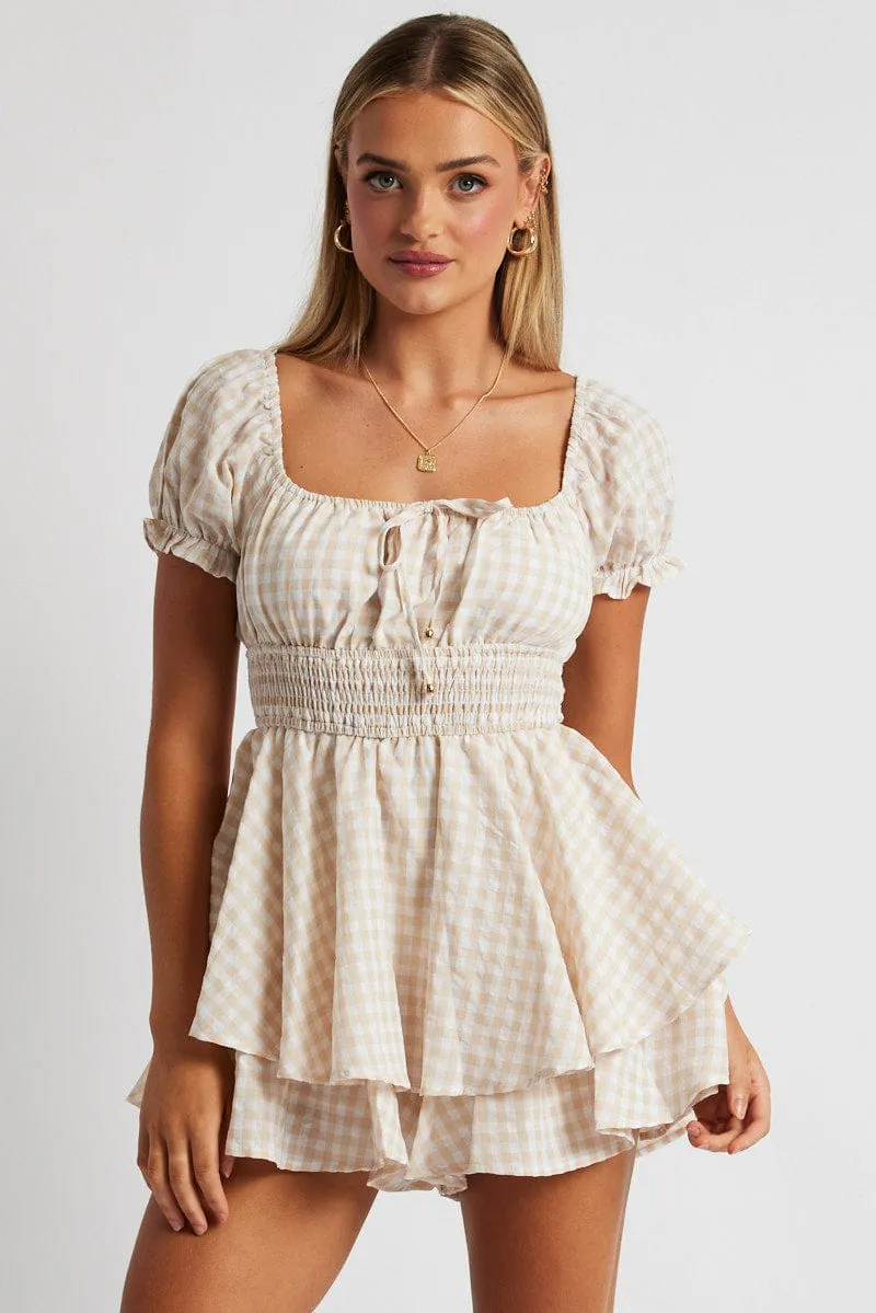 Beige Check Ruffle Playsuit Short Sleeve Ruched Bust