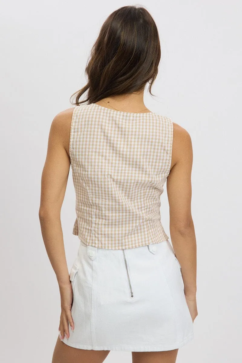 Beige Check Sleeveless Top Open Front