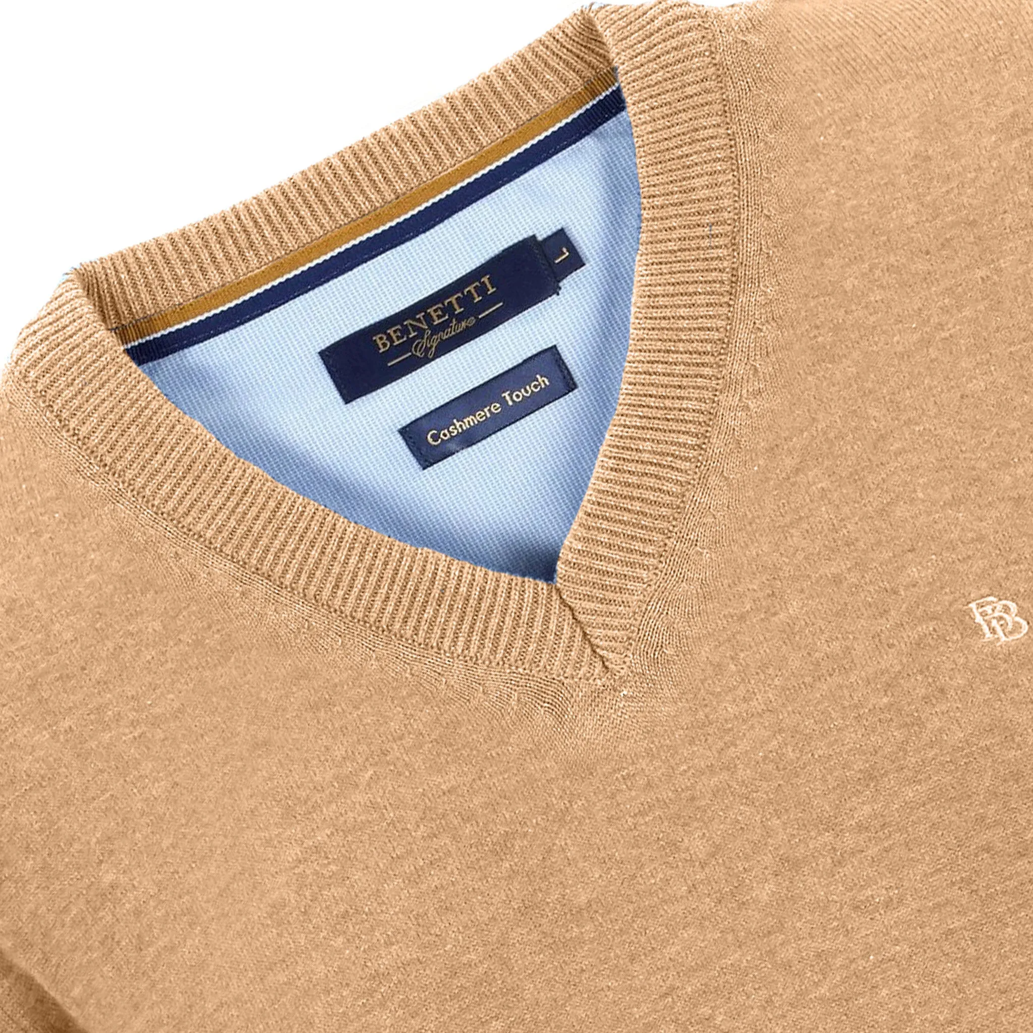 Benetti 100% Cotton V-Neck Knitwear - Biscuit