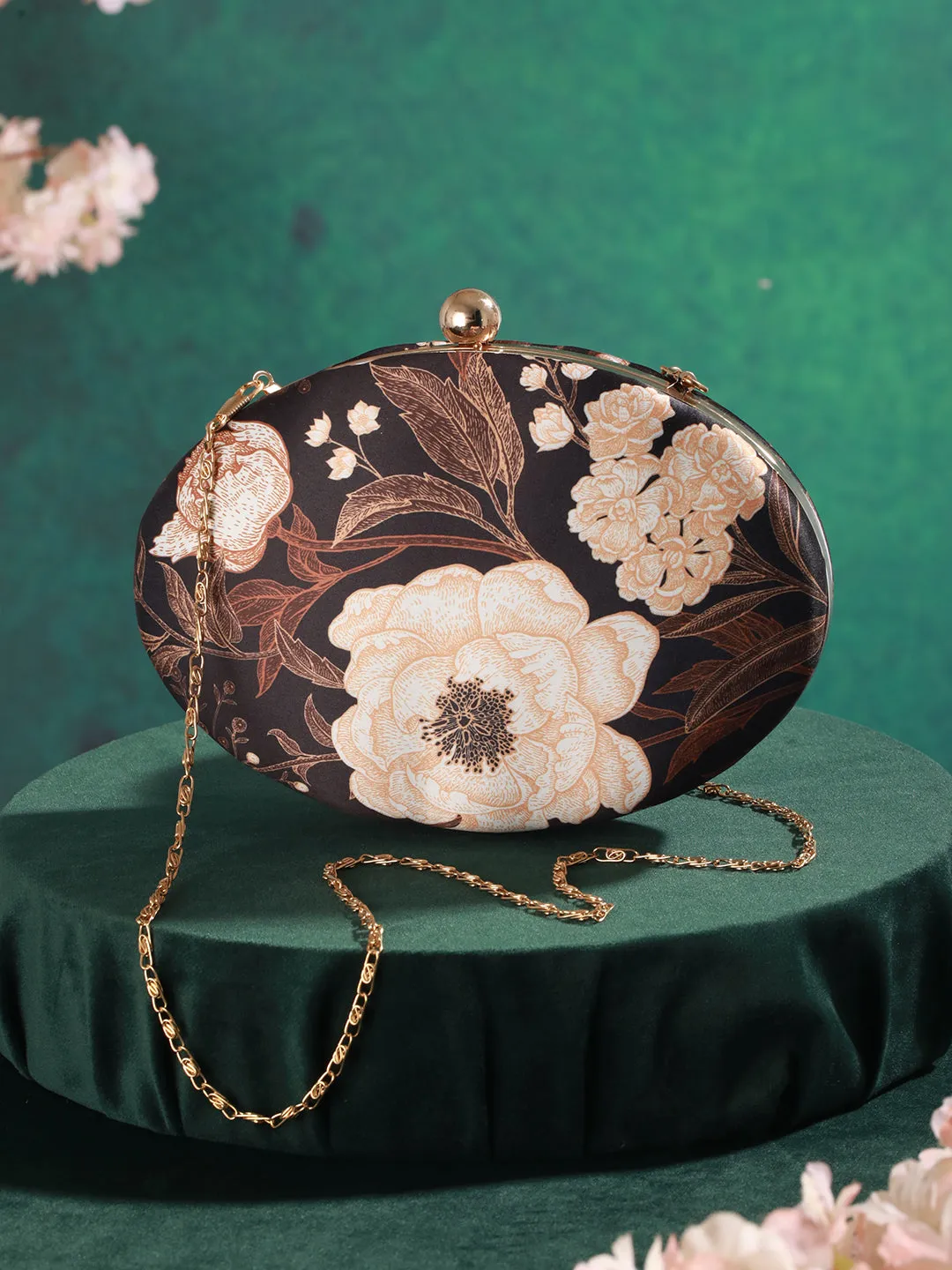 Black & Brown Floral Printed Embellished Box Clutch