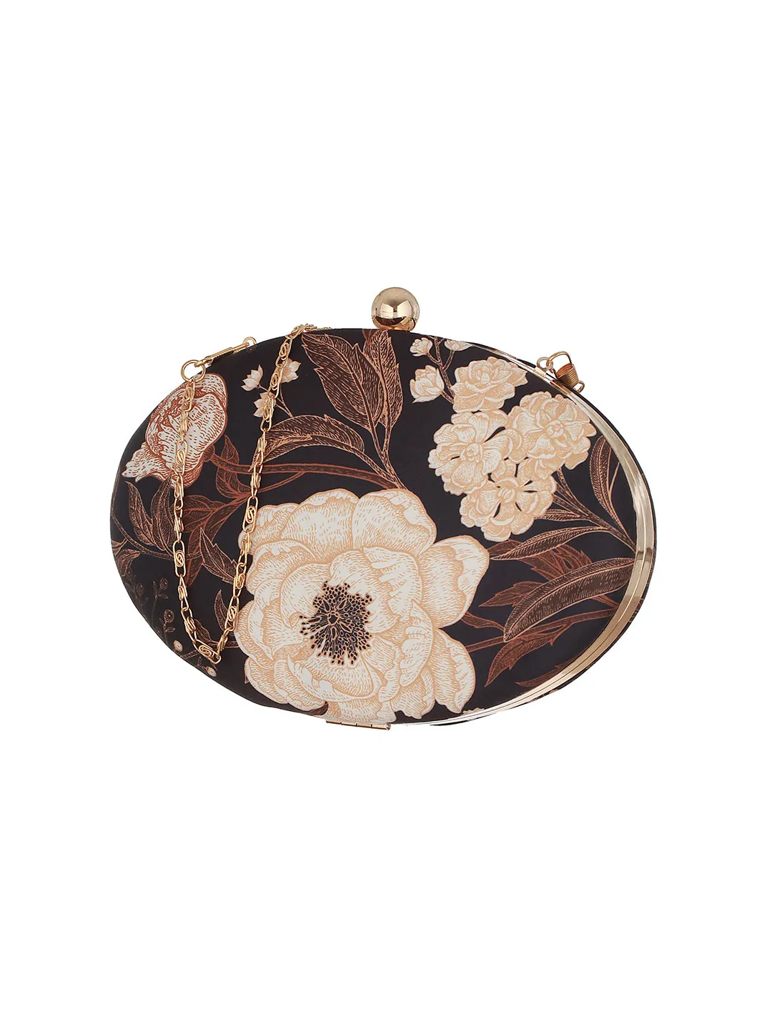 Black & Brown Floral Printed Embellished Box Clutch