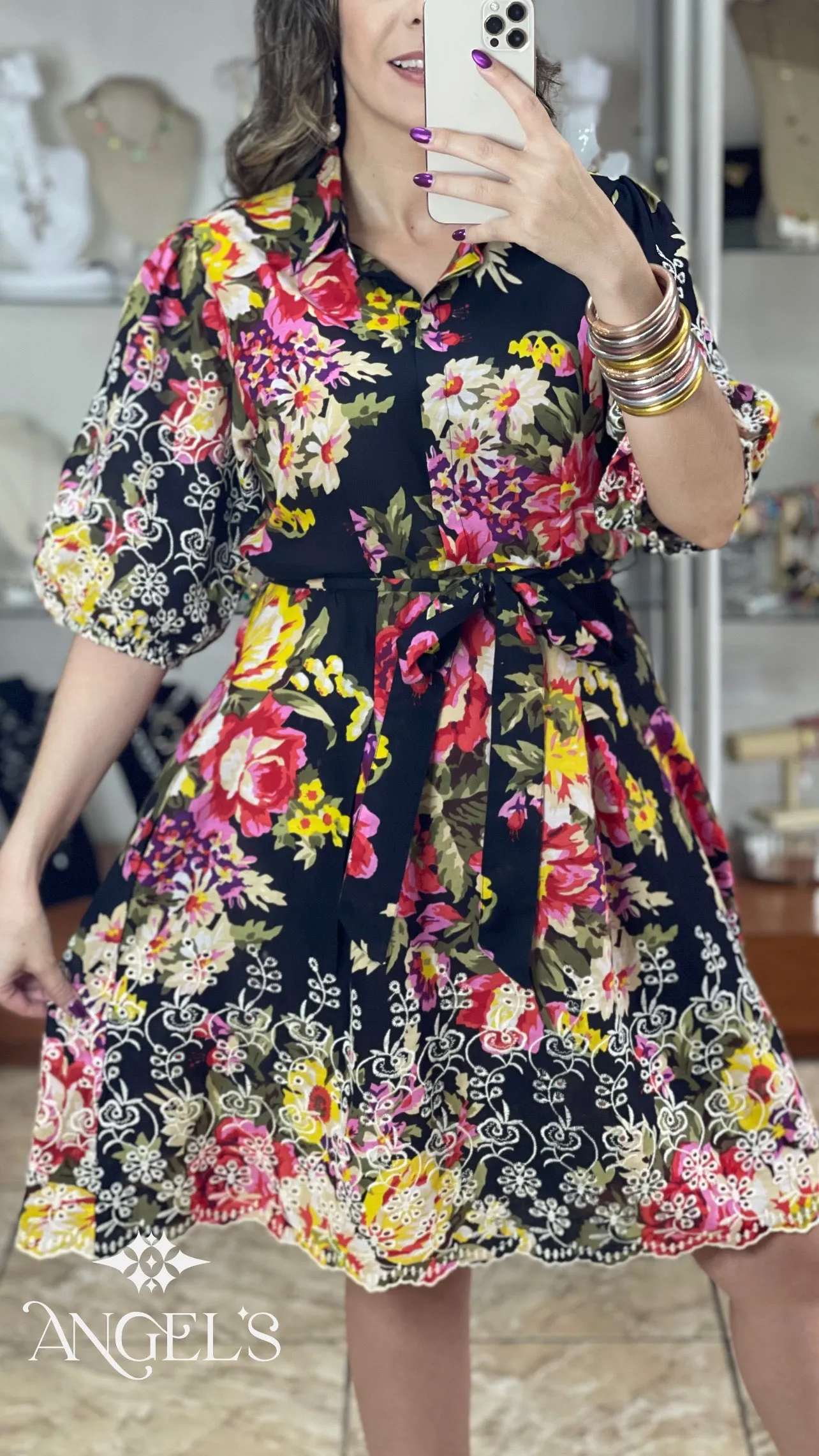 Black Floral Eyelet Dress