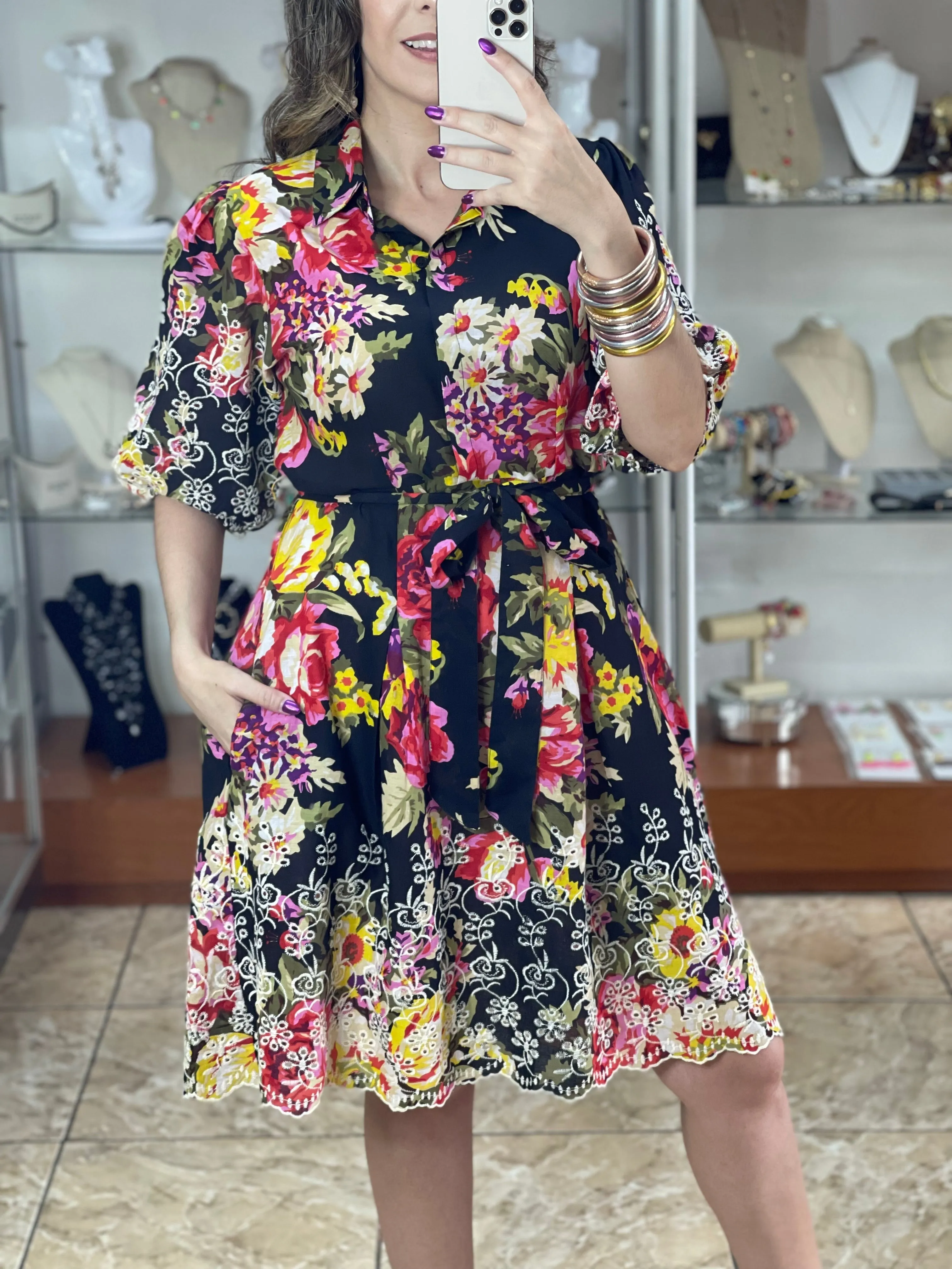 Black Floral Eyelet Dress