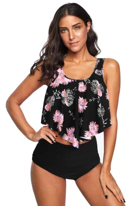 Black Floral Ruffled Overlay High waist Bikini Set