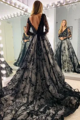 Black Long Sleeves Appliques Sweep Train Open Back Long Prom Dress,DP989