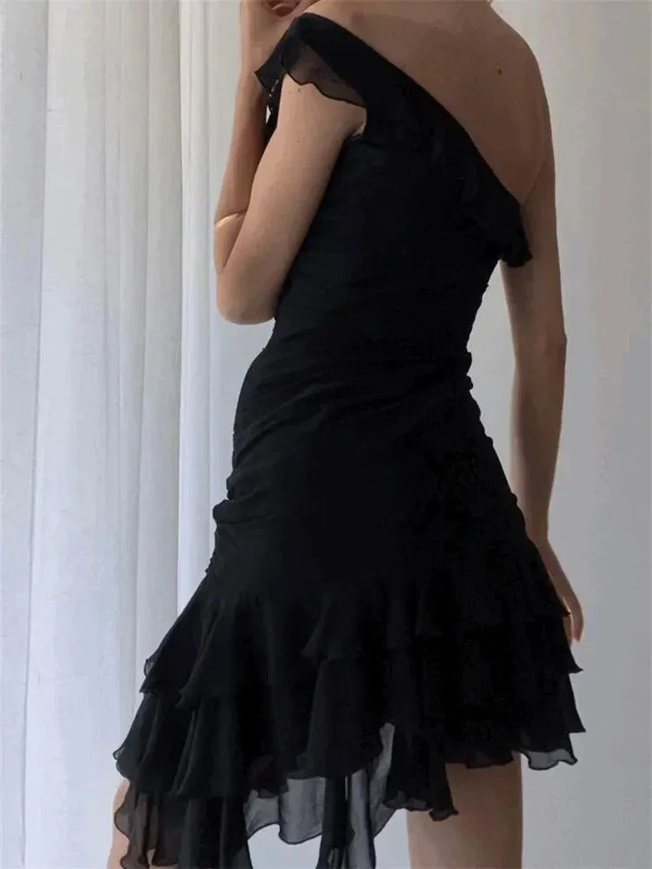 Black One Shoulder Sheath Ruffles Short Party Dress Hoco Dress, DP2994