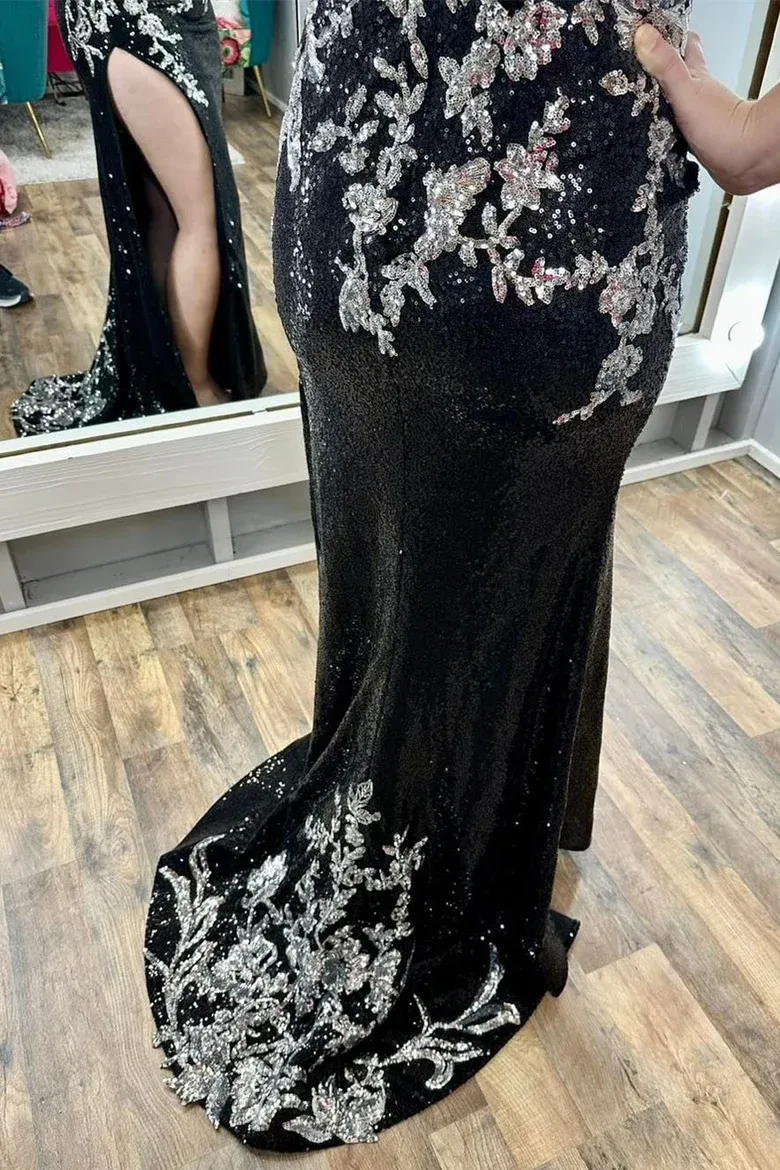 Black Spaghetti Straps Sequined Long Prom Dress with Slit,DP1260