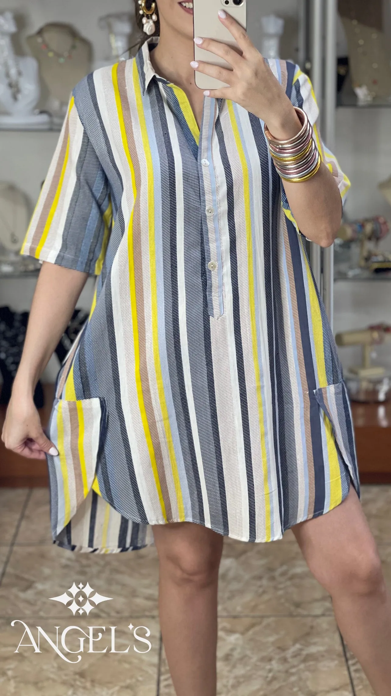 Blue/Yellow Stripes Shirt Dress