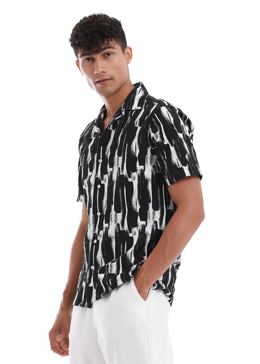 Brush Texture Black Print Popcorn Shirt