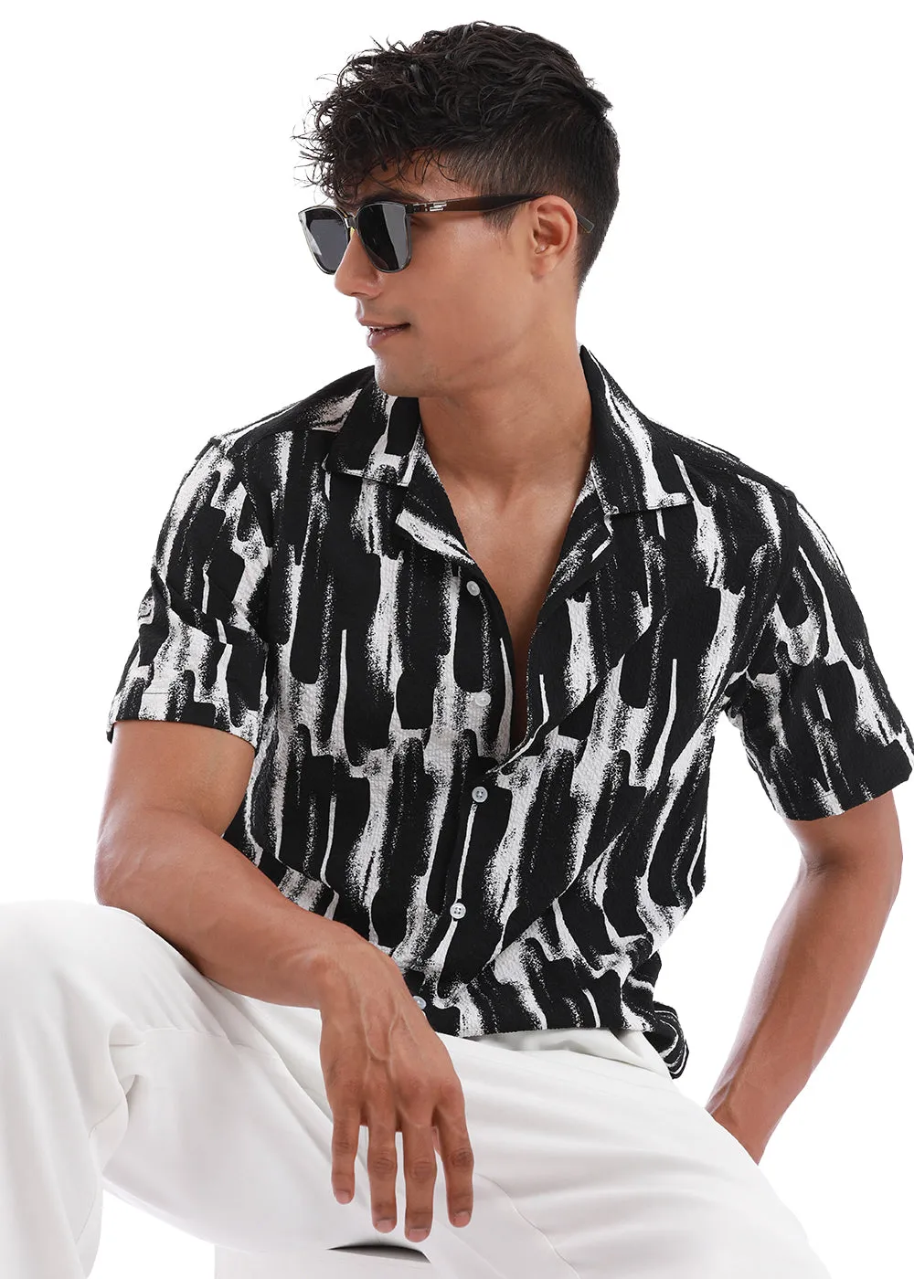 Brush Texture Black Print Popcorn Shirt