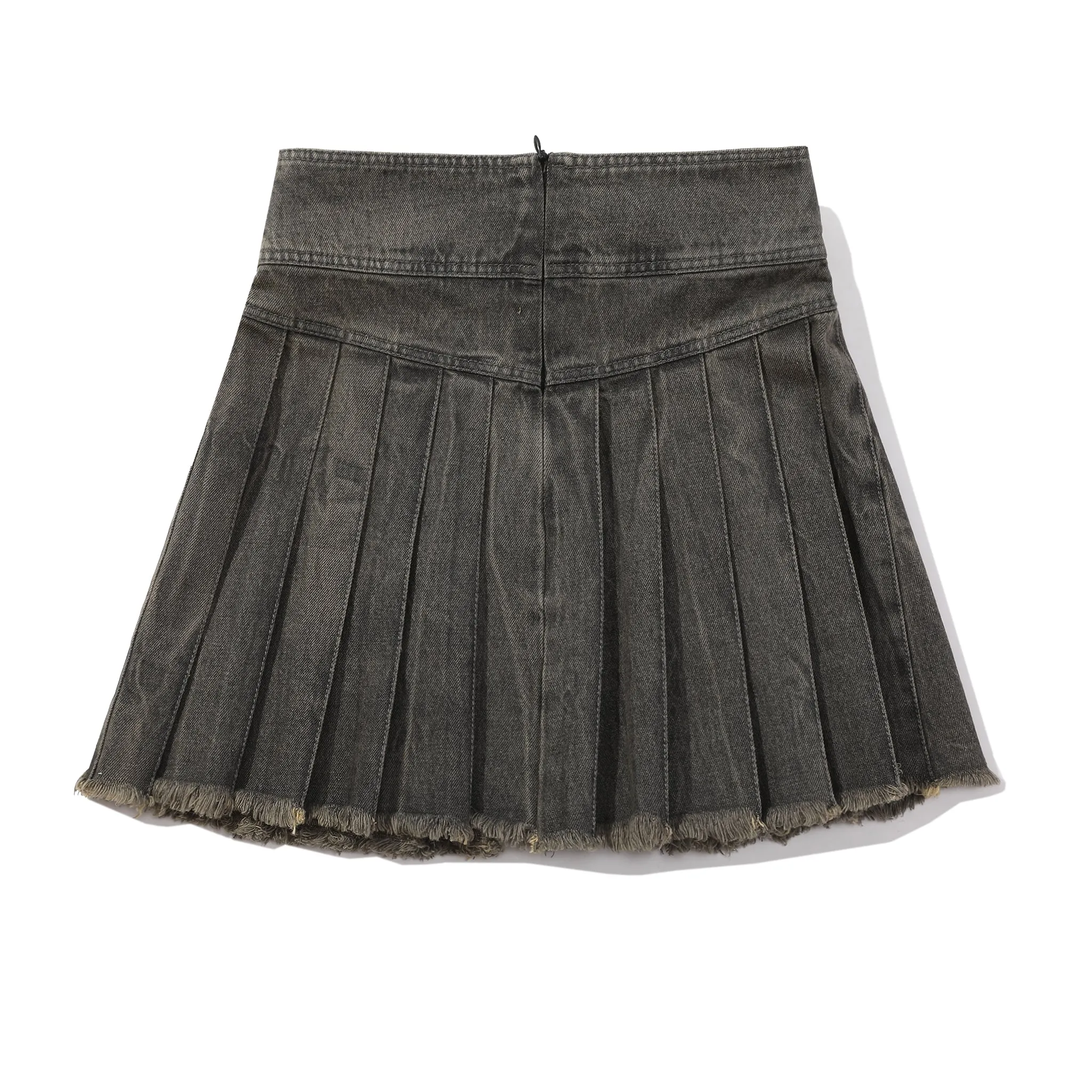 Buckle Straps Denim Pleated Skirt - Black