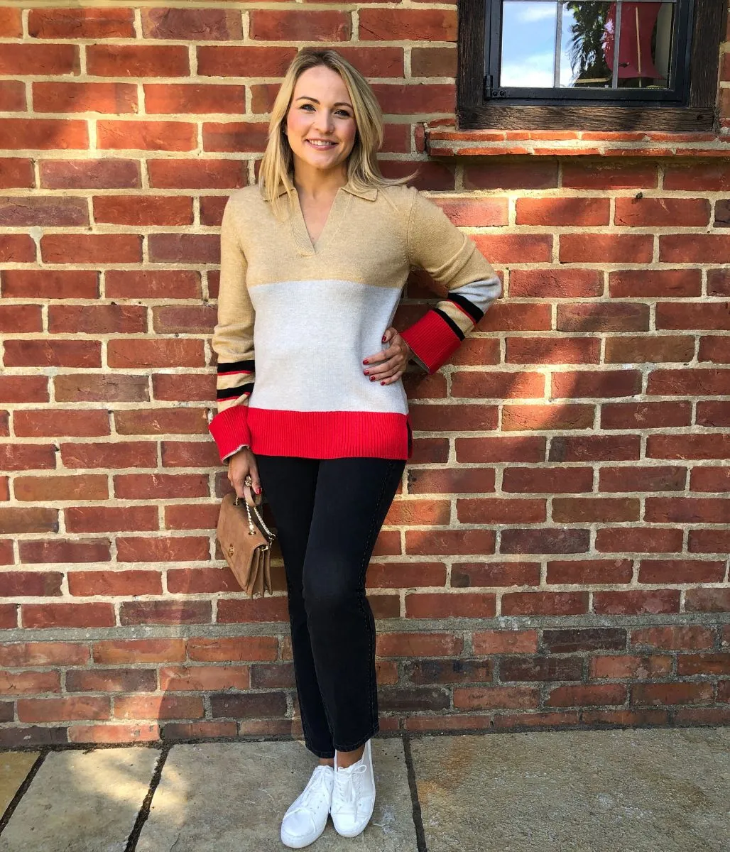 Camel Colour Block Collared Jumper