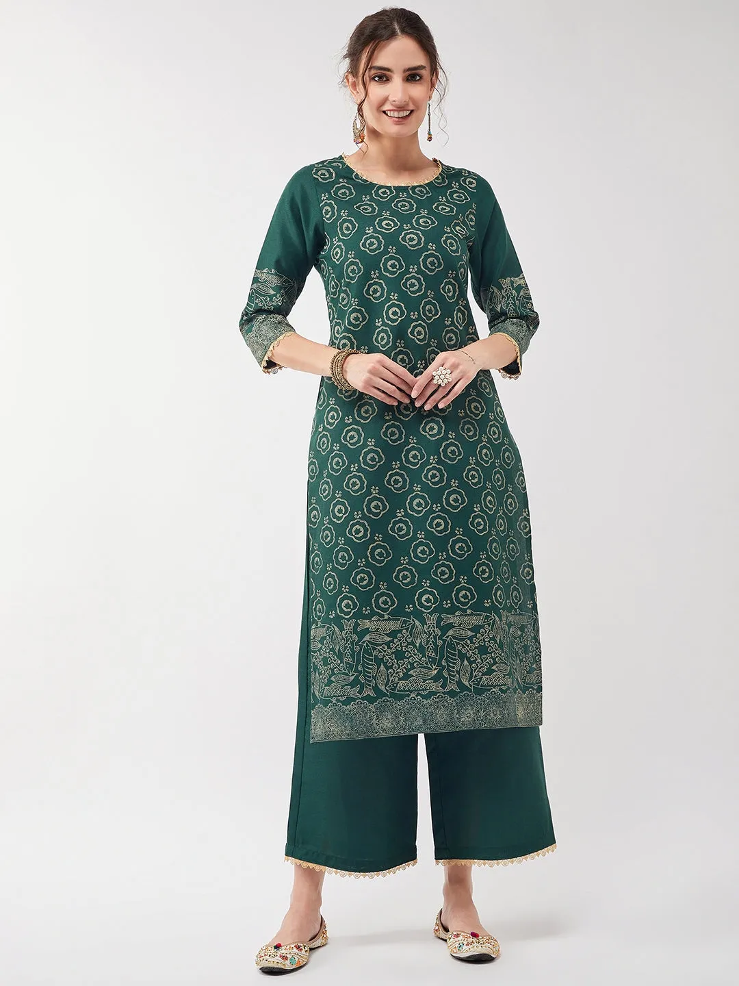 Casual Printed Kurta With Lace And Matching Pant Set