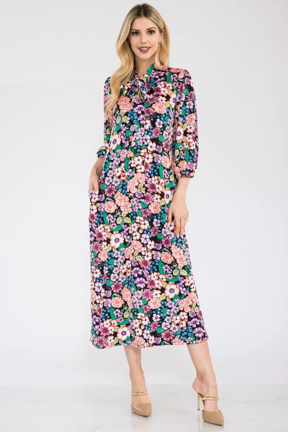 Celeste Full Size Floral Midi Dress with Bow Tied