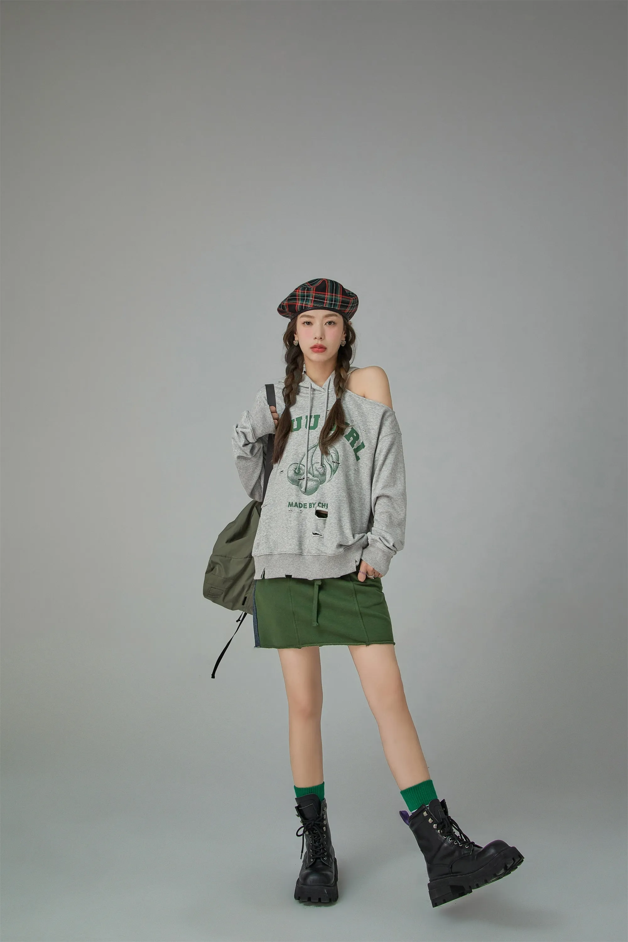 Chuu Girl Unbalanced Cutout Shoulder Hoodie