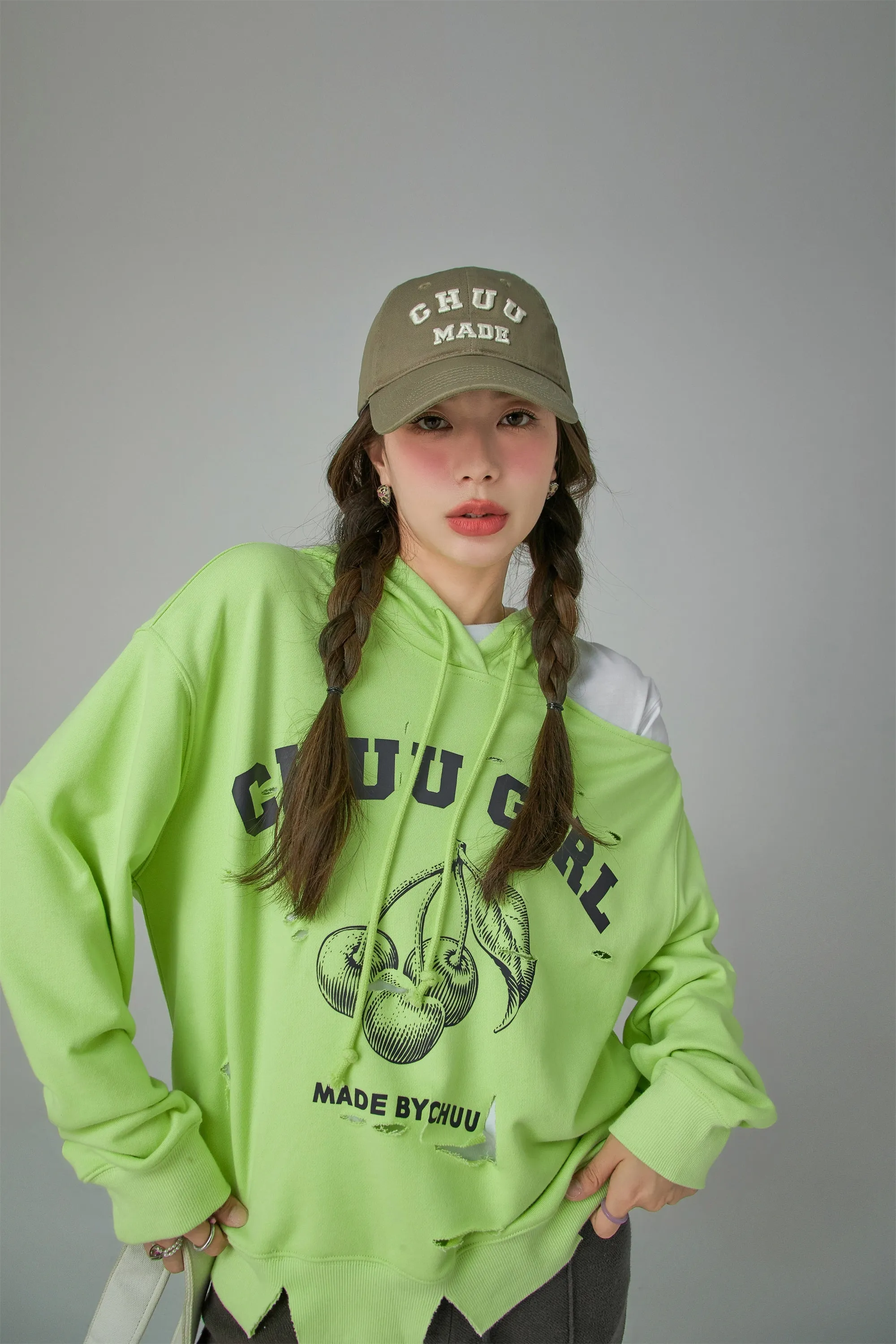 Chuu Girl Unbalanced Cutout Shoulder Hoodie