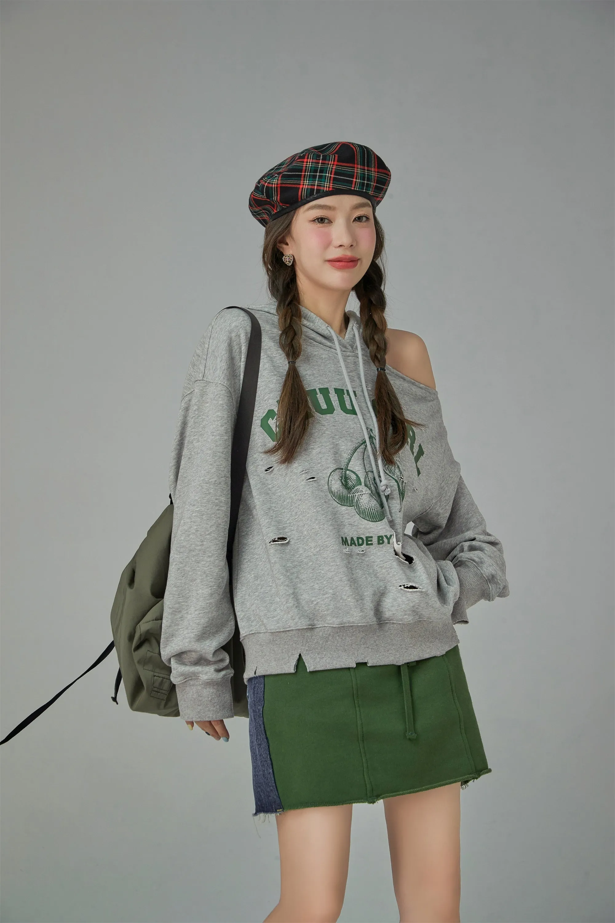 Chuu Girl Unbalanced Cutout Shoulder Hoodie