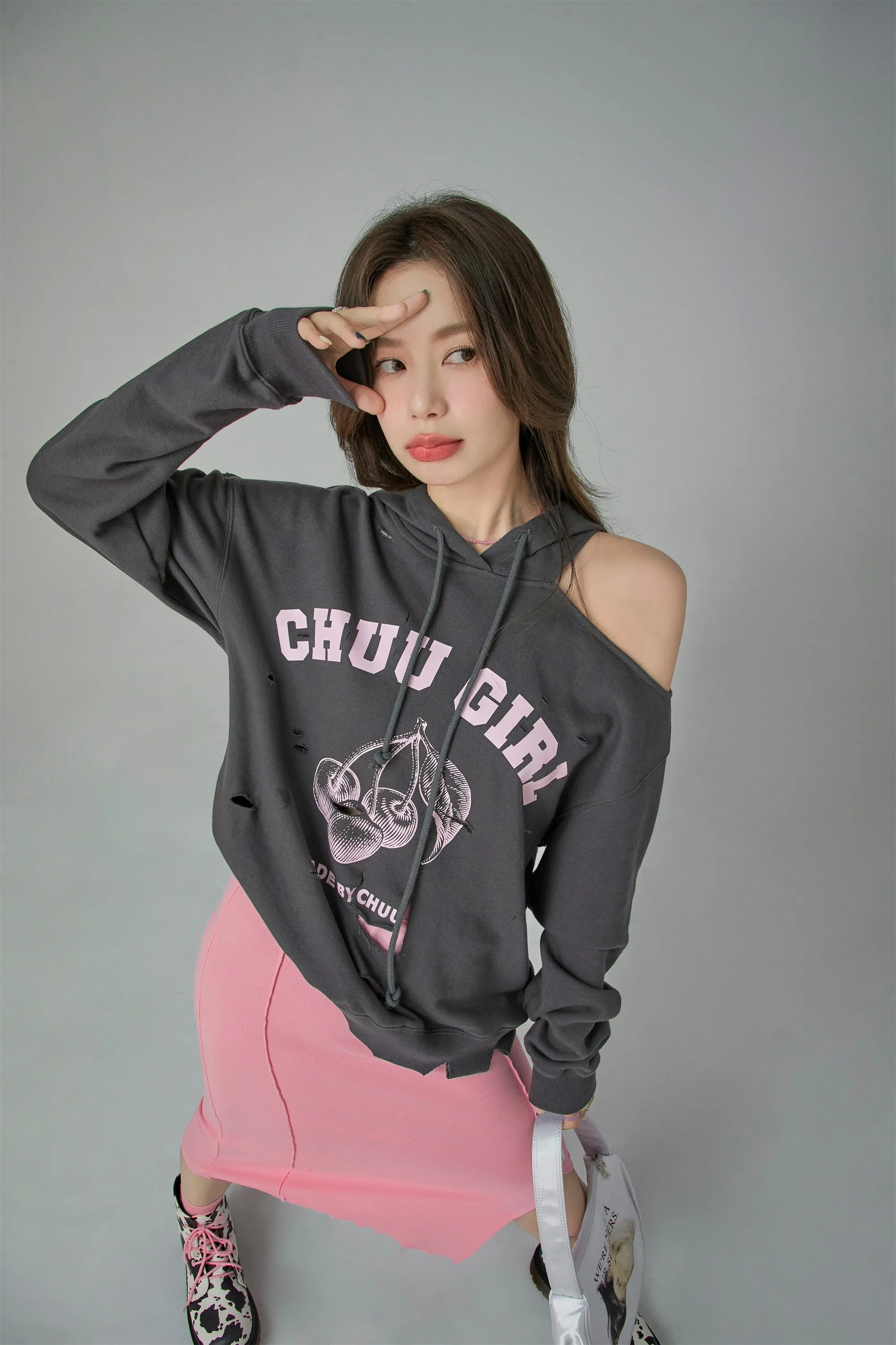 Chuu Girl Unbalanced Cutout Shoulder Hoodie