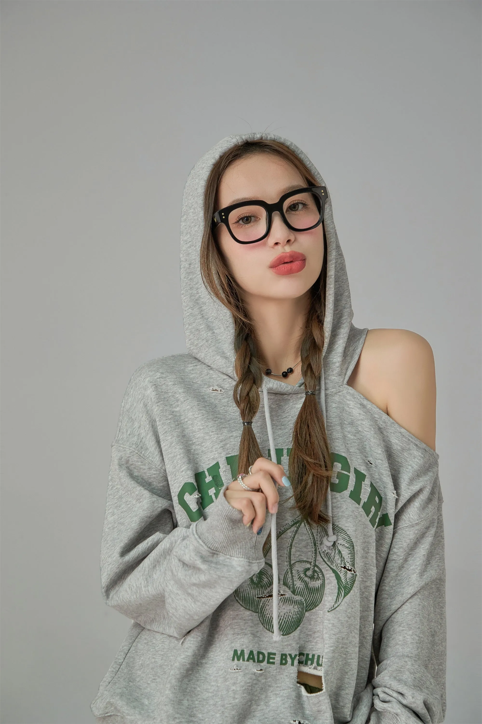 Chuu Girl Unbalanced Cutout Shoulder Hoodie