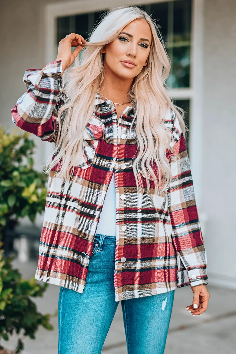 Double Take Plaid Button Front Shirt Jacket with Breast Pockets