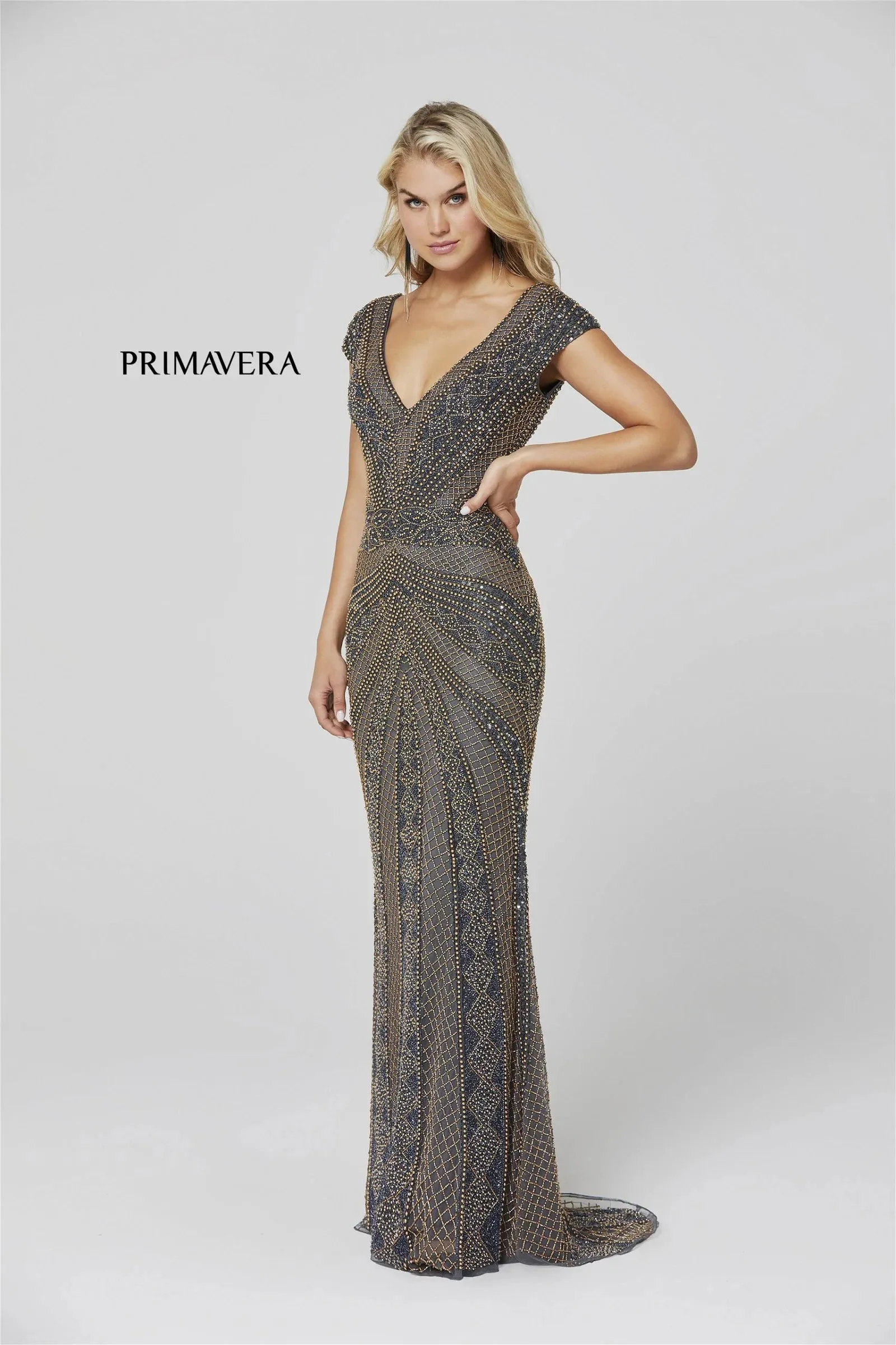 Ferrara | Short Sleeve Beaded Evening Gown | Primavera 3674