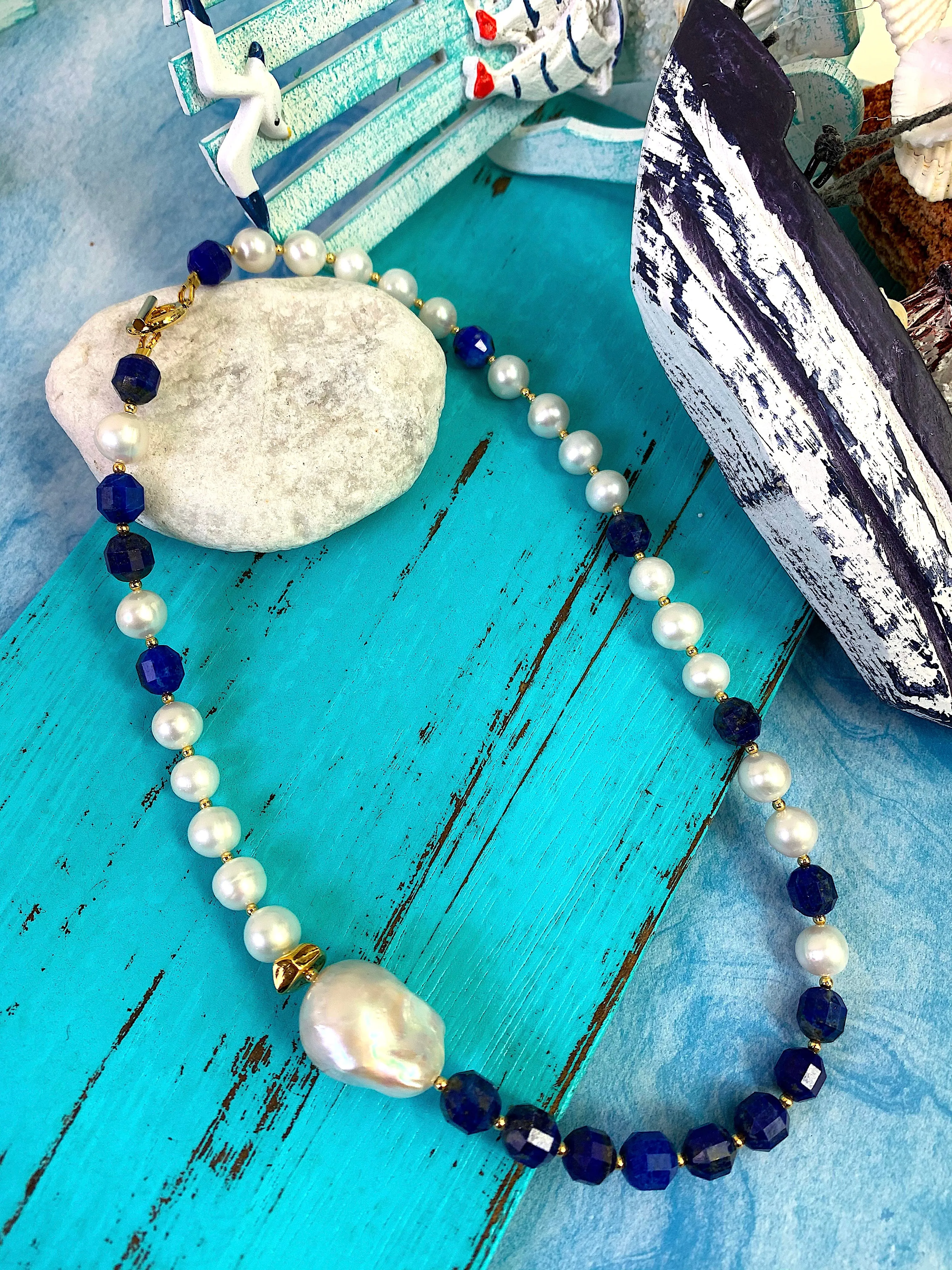 Freshwater Pearls & Lapis Lazuli Choker Necklace EN018