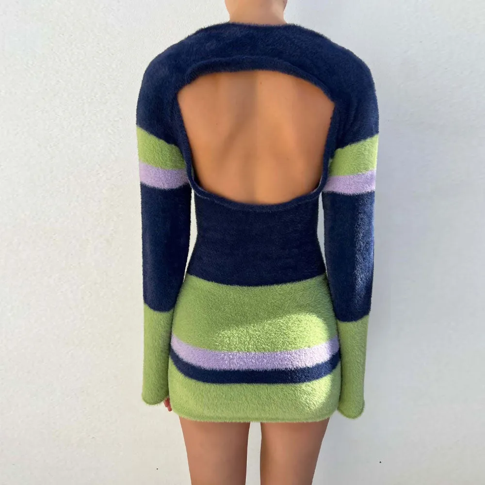 Fuzzy Green Striped Eyelash Knit Shrug and Sleeveless Dress Matching Set