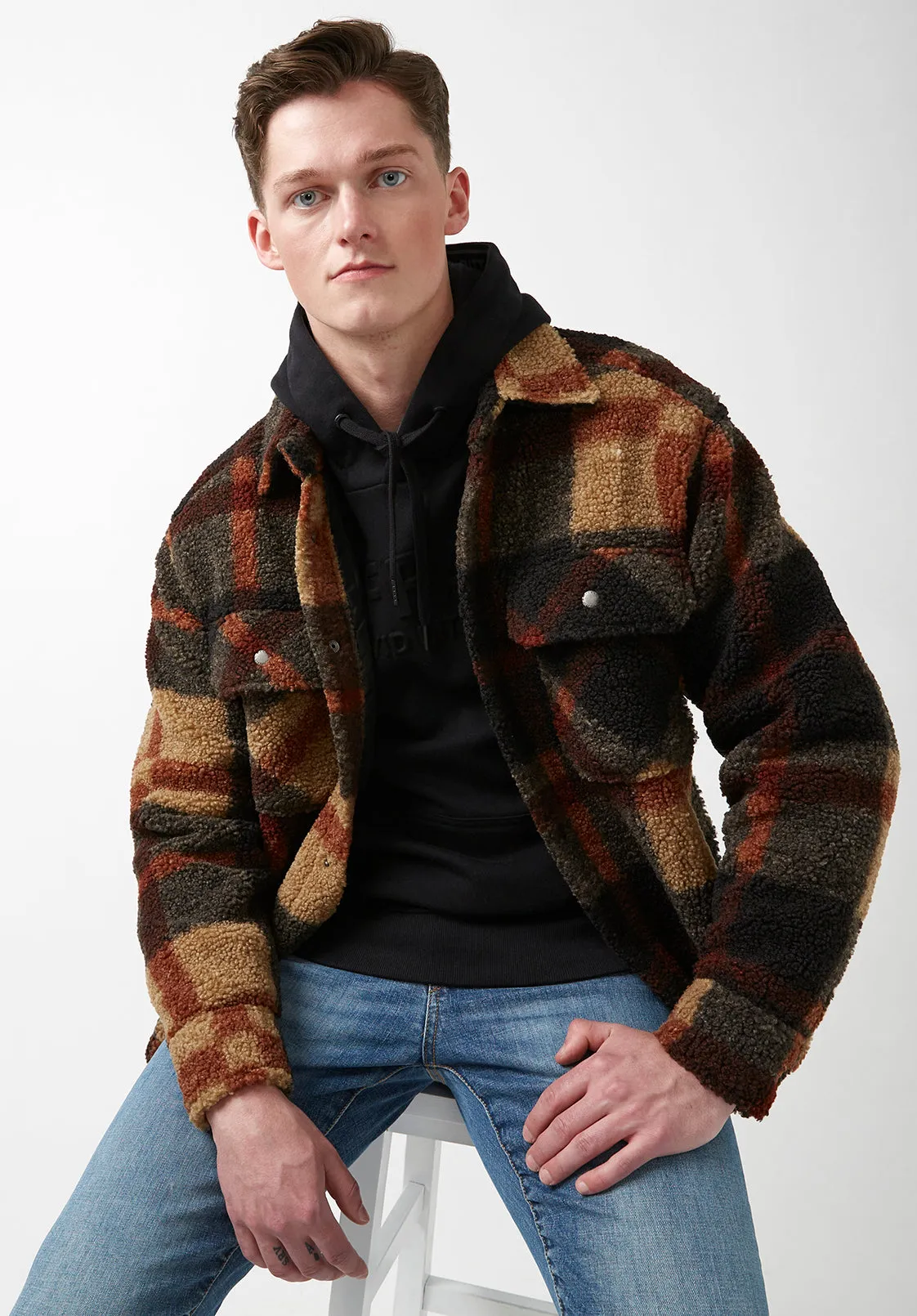 Jadel Men's Sherpa Shacket in Brown Plaid - BPM14489