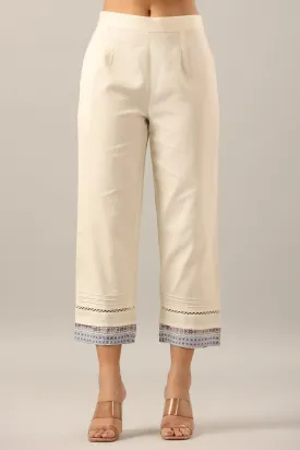 Juniper Off-White Solid Cotton Flex Pants With Printed Hem, Pintucks & Lace Work