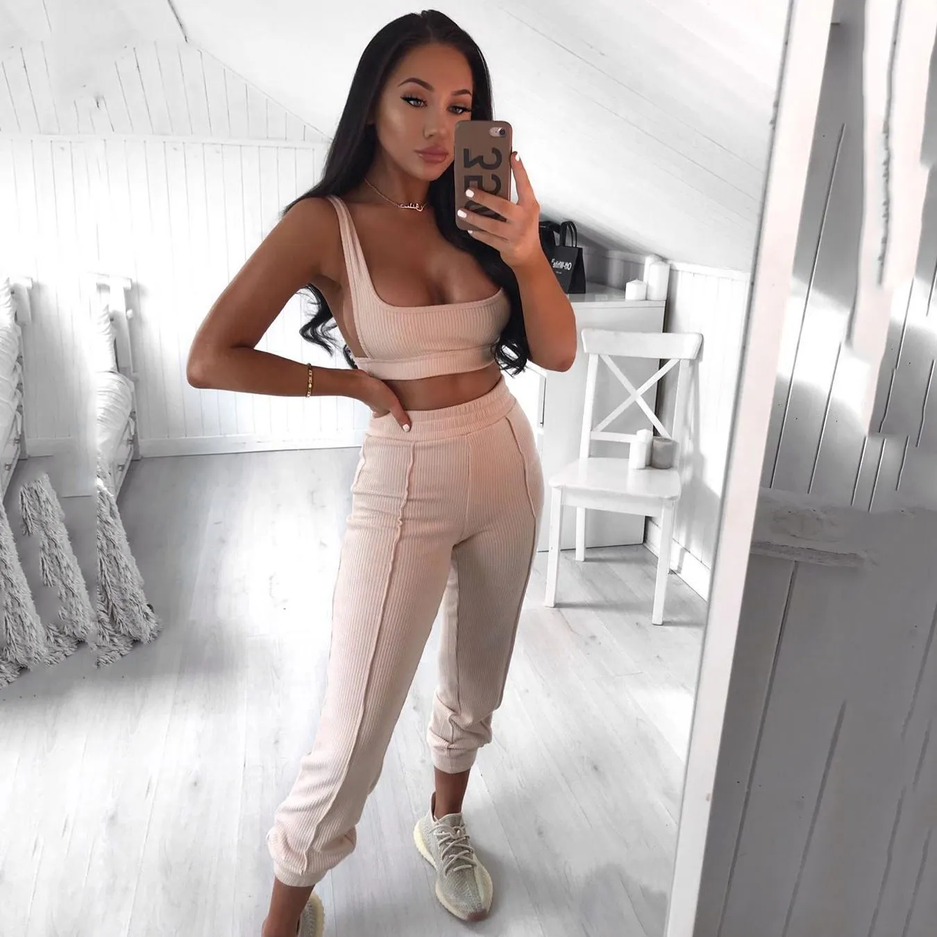 Knitted Two Piece Co ord Set Crop Top and Jogger Pant Outfit