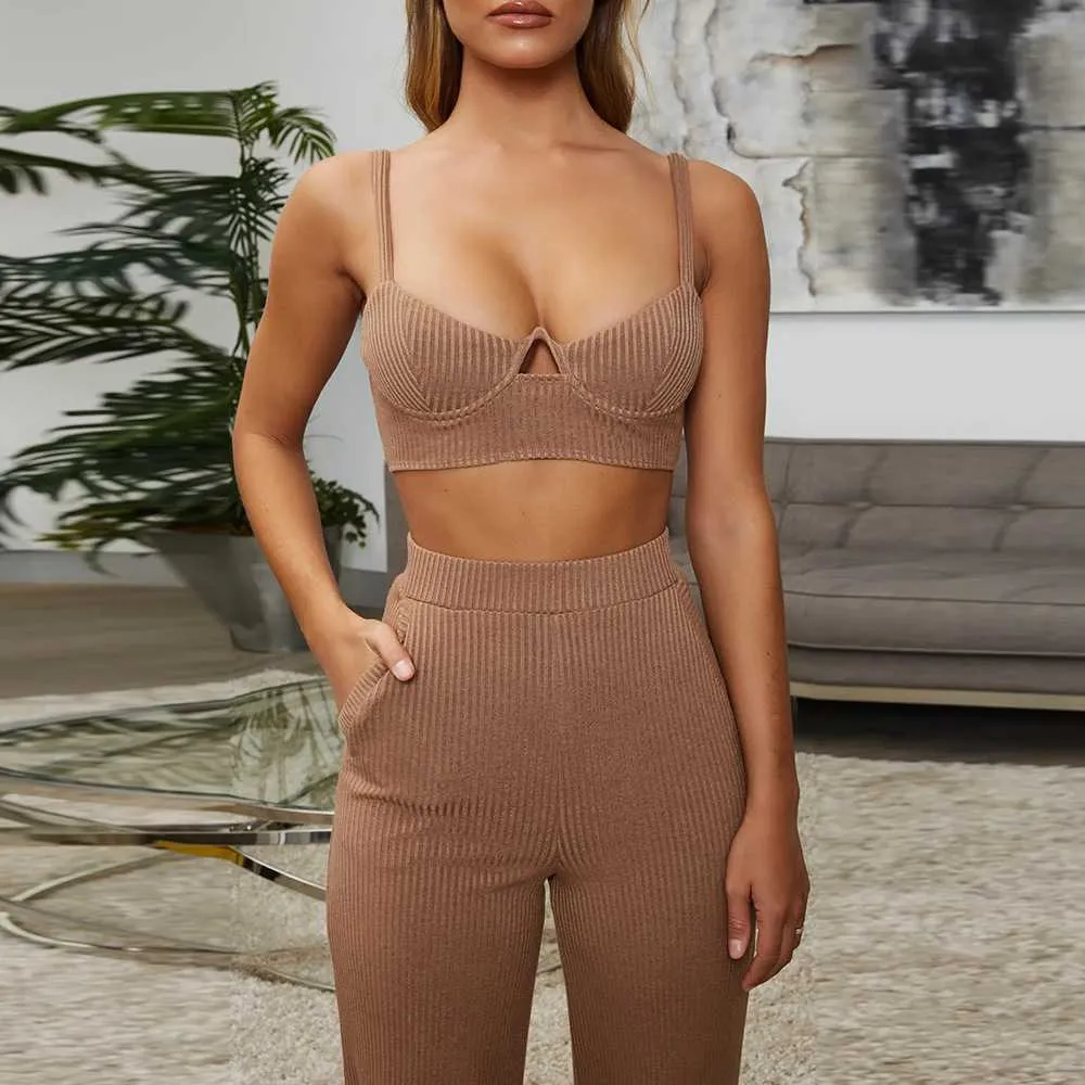 Knitted Two Piece Co ord Set Crop Top and Jogger Pant Outfit