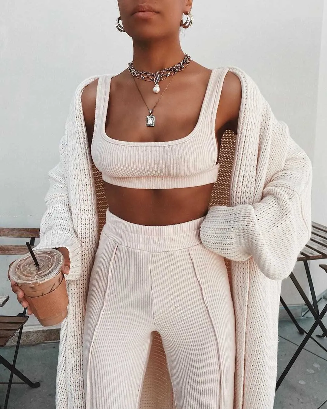 Knitted Two Piece Co ord Set Crop Top and Jogger Pant Outfit