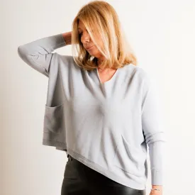 Light Grey Structured Knit Double Pocket V Neck Easy Wear Top