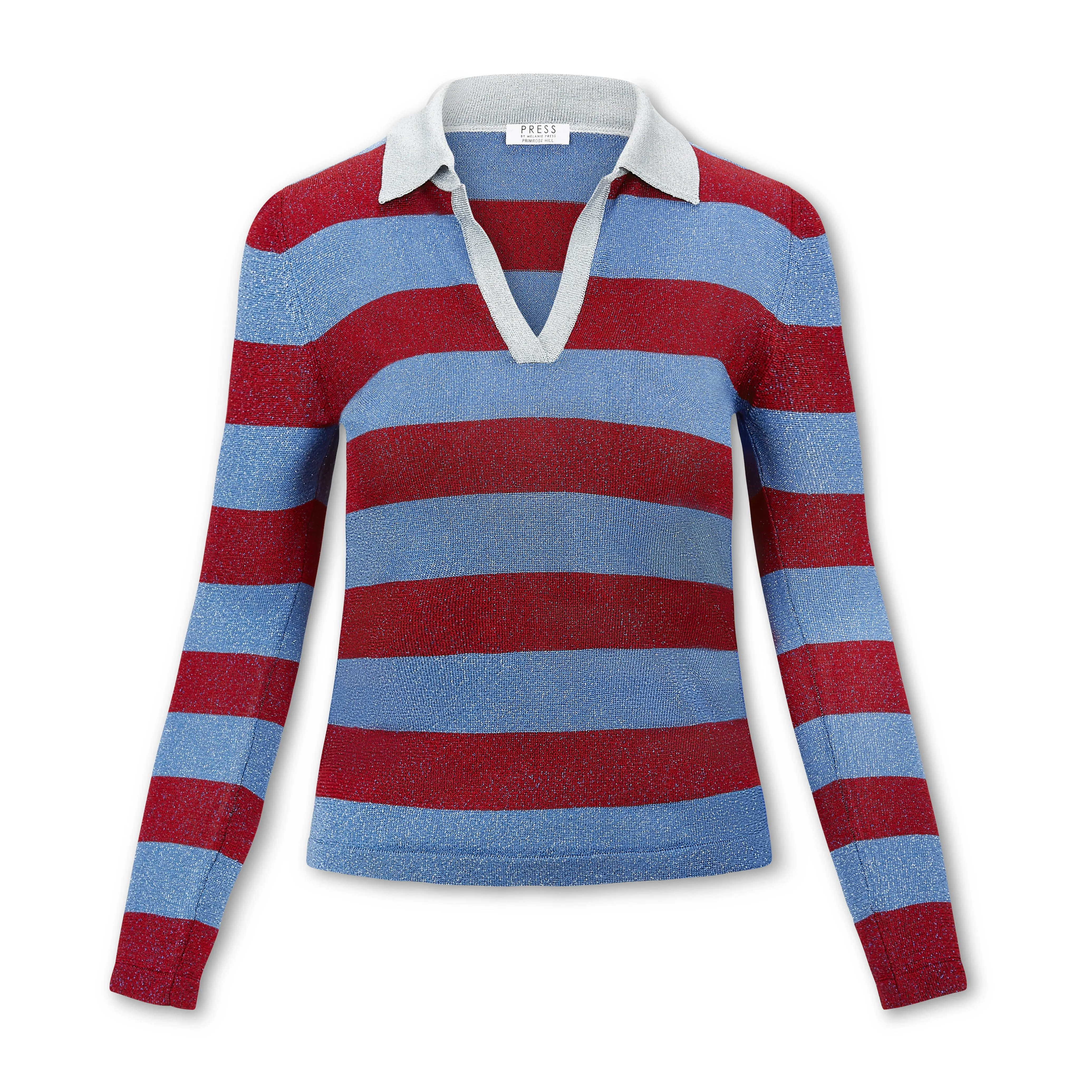 Lurex red & blue rugby knit top