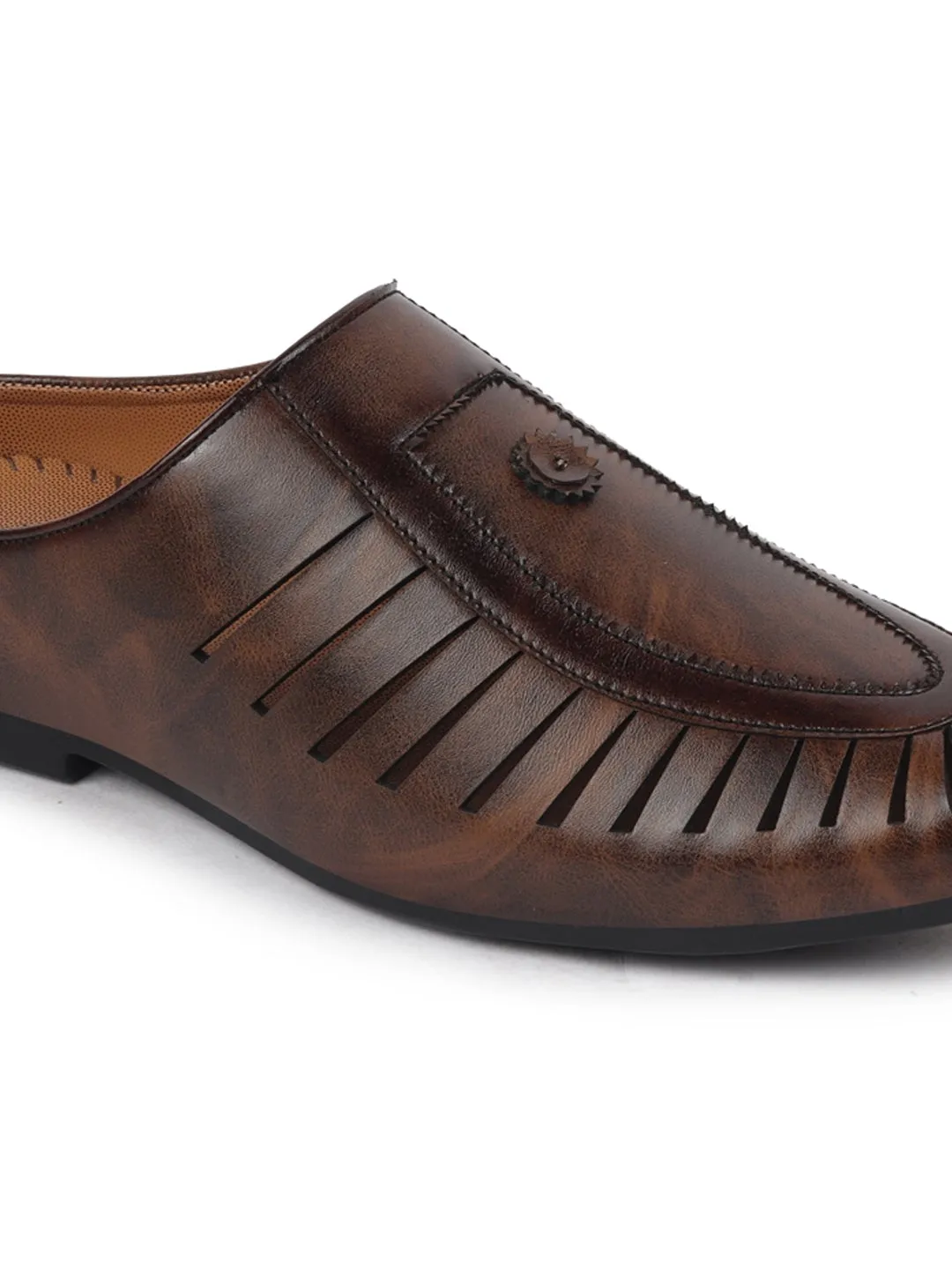 Men Brown Back Open Laser Cut Ethnic Juttis & Mojaris