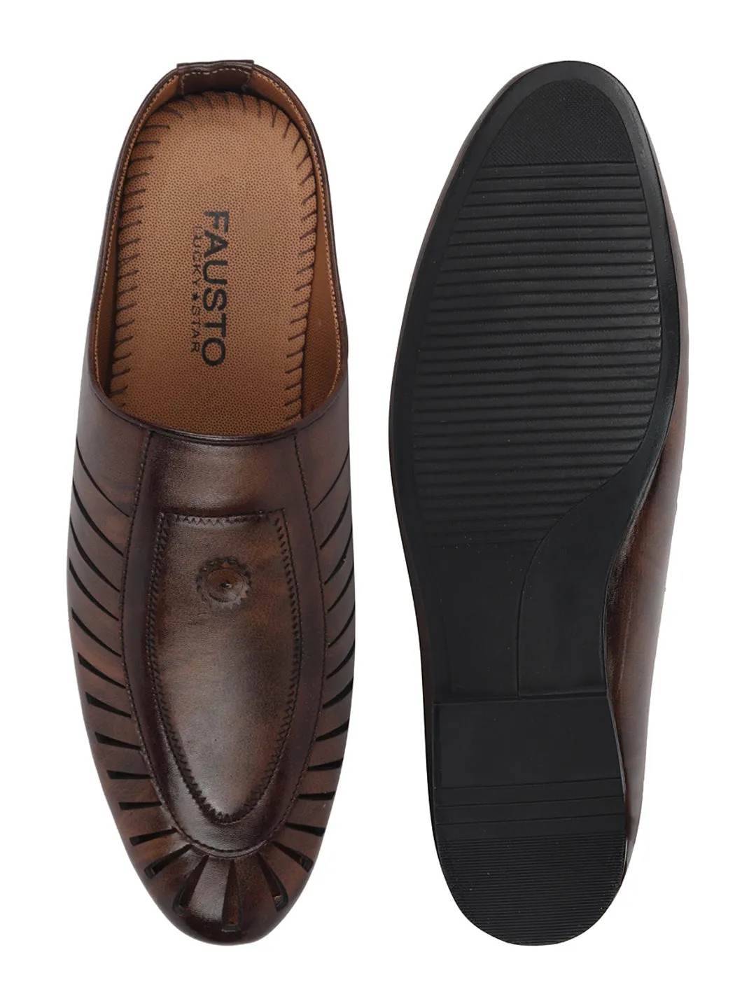 Men Brown Back Open Laser Cut Ethnic Juttis & Mojaris